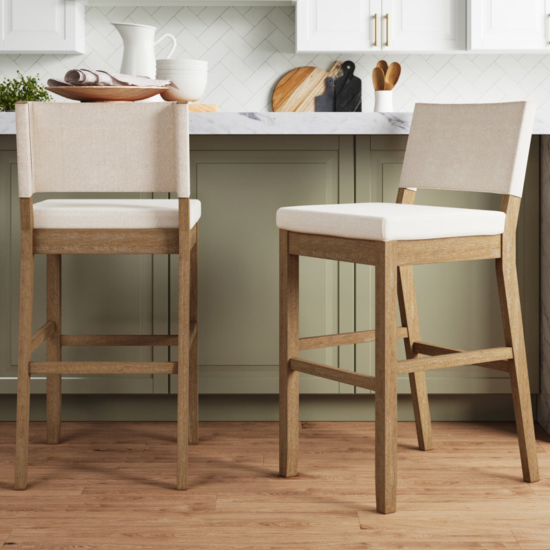 Natural Flax and Light Brown Upholstered Bar Stools, Set of 2