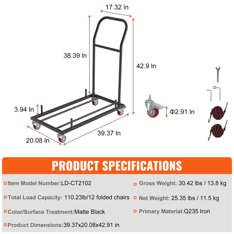 Chariot à chaises pliantes, chariot commercial en fer pour 12 chaises, chariot de rangement à 4 roulettes pour chaises pliantes empilables en plastique, résine et bois, noir