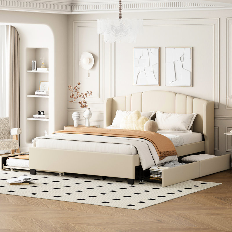 Grand lit plateforme tapissier avec tête de lit à oreilles, 2 tiroirs, lit gigogne, sans sommier, tête de lit en lin beige, grand lit, tissu simple