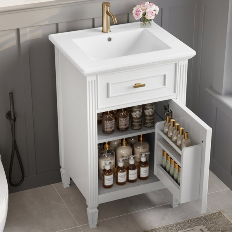 Meuble-lavabo de 20 pouces avec lavabo, pieds en bois massif, tablette réglable, tiroir inclinable, boutons en alliage de zinc, armoire autoportante moderne, meuble-lavabo
