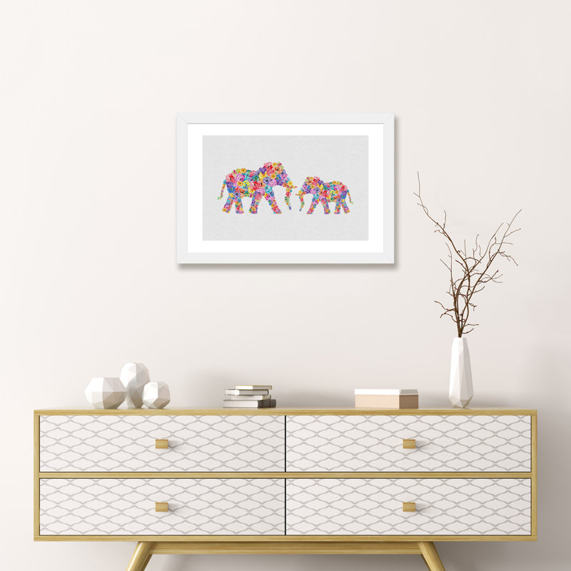Floral Elephants - impression d'art graphique, Papier encadré blanc, H 16 po x l 24 po x P 1 po