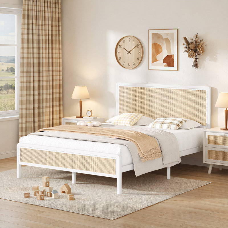 Metal Bed Frame with Rattan Headboard, Full, White