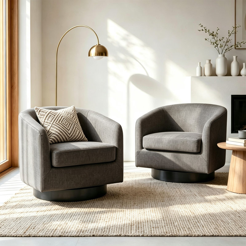 Applewold Upholstered Gray Cotton Blend Swivel Barrel Chair with Solid Wood Base, Gray Polyester Blend