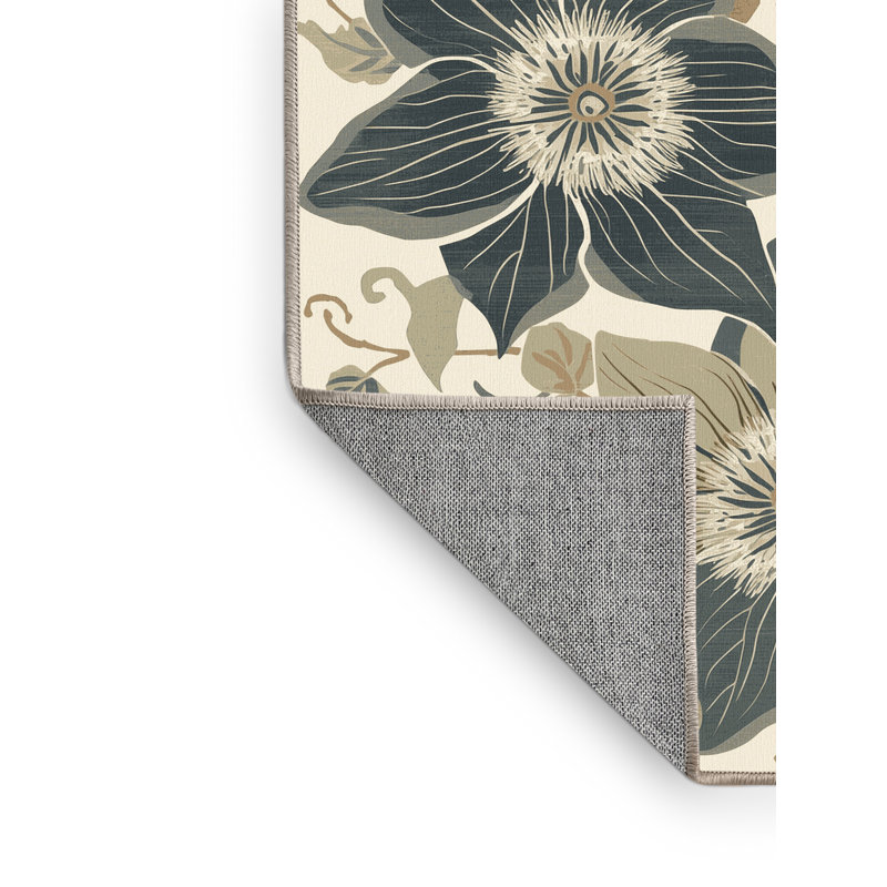 Machine Washable Ottwell Clematis French Country Floral Rug in Beige – Beige Binding, 8' Round