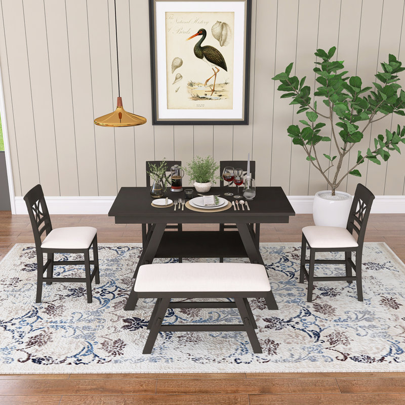 Ensemble de table de salle à manger à hauteur de comptoir 6 pièces en bois de style rustique avec tablette de rangement, 1 banc et 4 chaises, facile à assembler