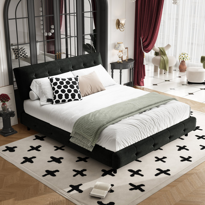 Lit plateforme en chenille avec support double en lattes de métal et de bois, Noir, Grand