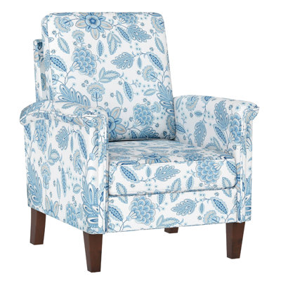 Floral Accent Chair with Solid Wood Legs & High Back Thick Comfy Cushions Blue