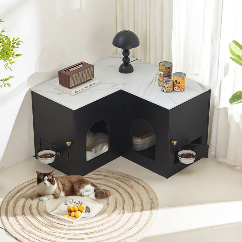 Modern Corner Cat Litter Box Cabinet For 2 Cats, Litter Box Furniture, Hidden Cat Litter Box Furniture with Double Rooms and Collapsible Cat Bowl, Black/White