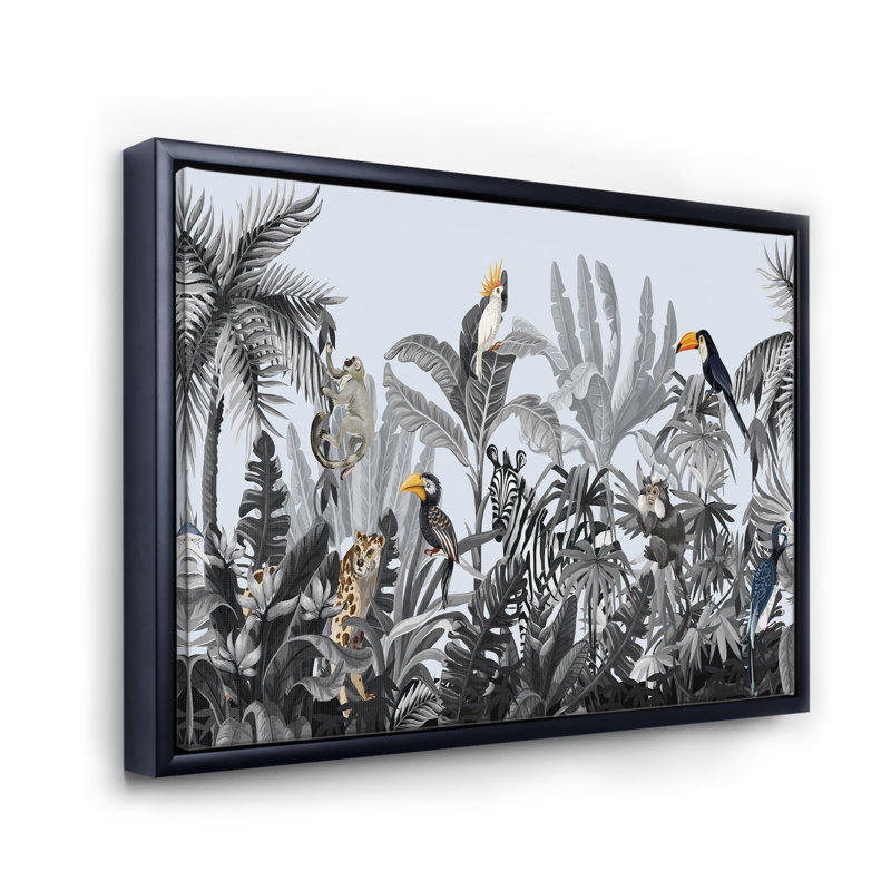Chinoiserie avec oiseaux et pivoines - peinture sur toile, H 16 po x l 32 po x p 1 po, Cadre flottant noir