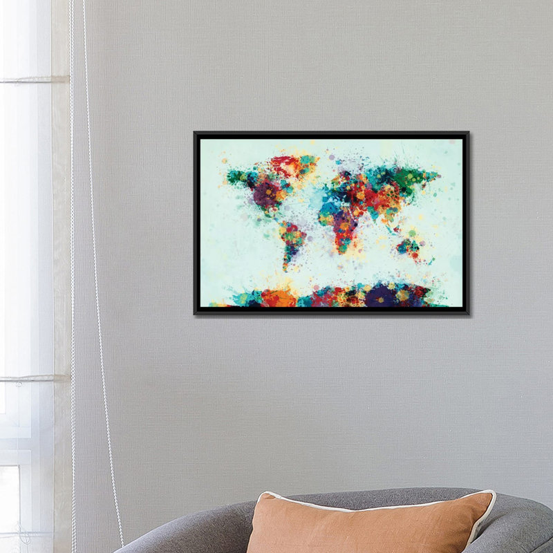 Série de carte du monde : éclaboussures de couleur i, impression sur toile tendue, H 18 po x l 26 po x P 1,5 po, Pas de tapis