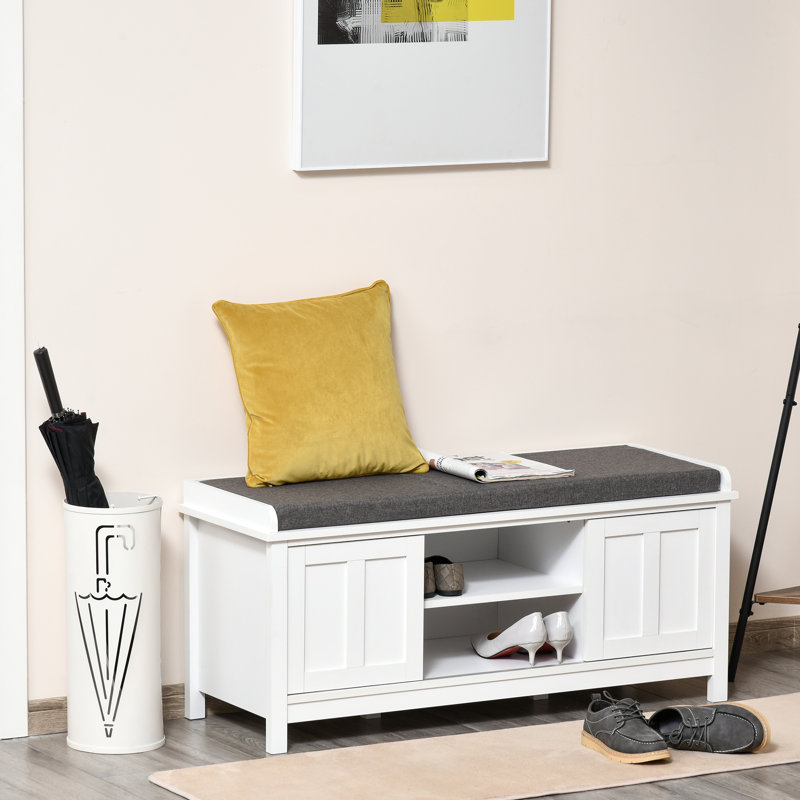 HOMCOM Entryway Shoe Bench Storage Ottoman with Sliding Doors, Adjustable Shelving, 6 Compartments, and Padded Seat, Holds 10 Pairs, White