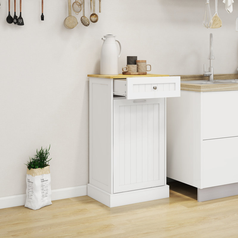 White Wooden 10 Gallon Pull-Out Trash Cabinet with Drawer