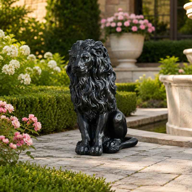 Statue de jardin lion noir, conception en résine résistante aux intempéries