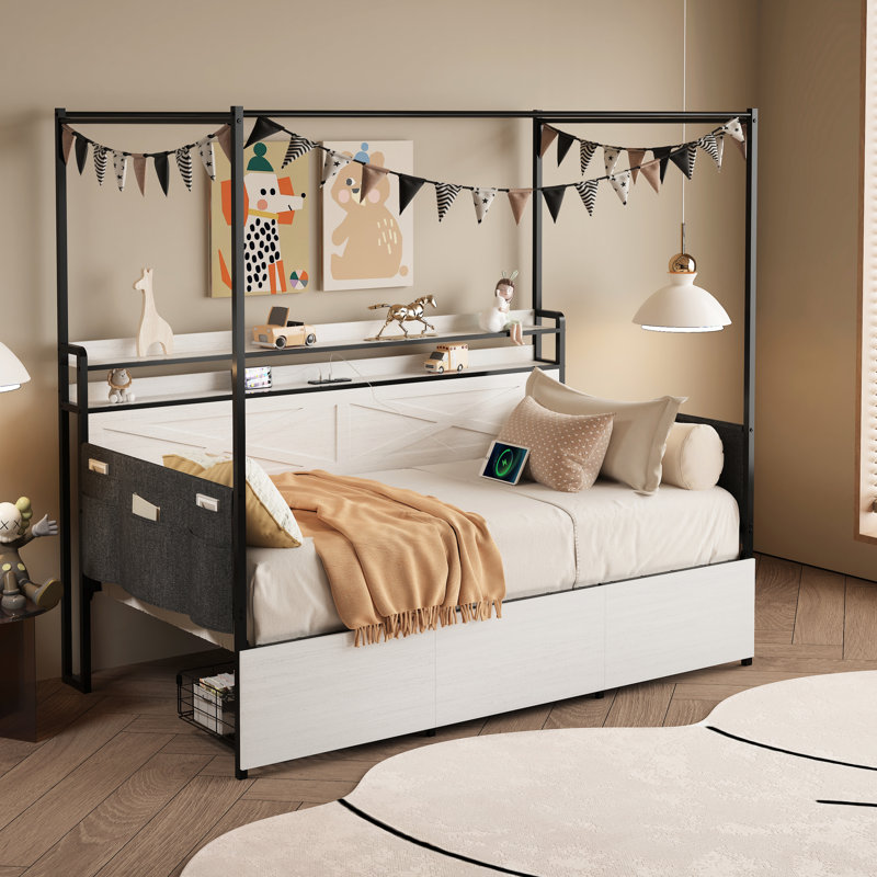 Cadre de lit simple moderne, blanc, avec 3 contenants de rangement à roulettes sous le lit, installation de chargement et rangée de DEL auxiliaire pour la conception de chambre à coucher blanche, compartiments, éclairage de station
