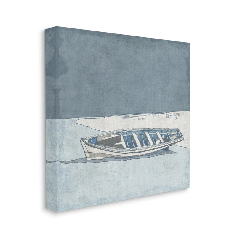 Paysage de plage en barque bleue monochrome par Ynon Mabat - peinture, H 17 po x l 17 po, Toile tendue