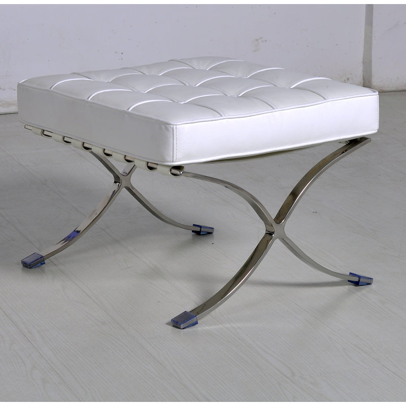 Classic Tufted Leather Ottoman with Stainless Steel  Frame, White Leather Match