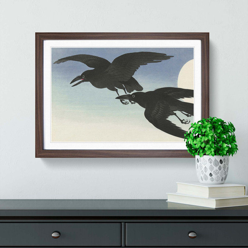 Crows at Full Moon by Ohara Koson - Framed Print, 27cm H x 36cm W x 2cm D, Walnut Framed