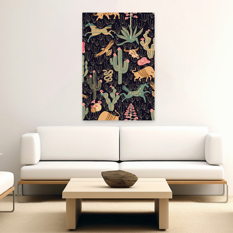 Art contemporain contemporain rétro, cactus rustique, paysage sauvage, H 60 po x l 40 po, Noir