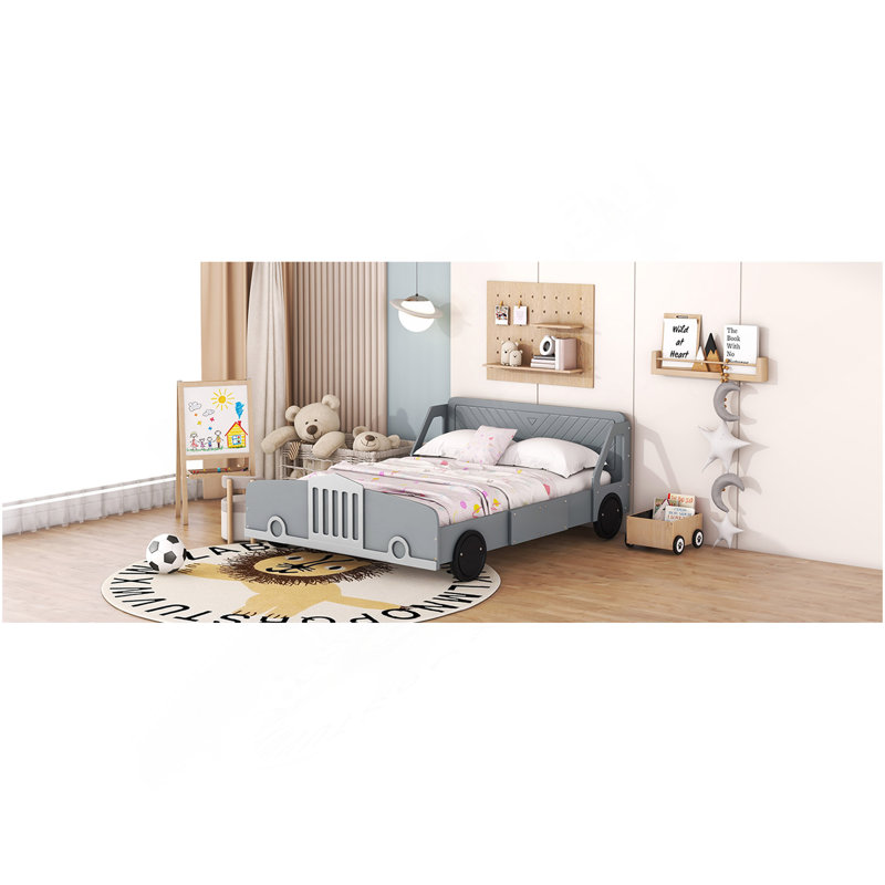 Lit plateforme double en forme de voiture avec roues, gris