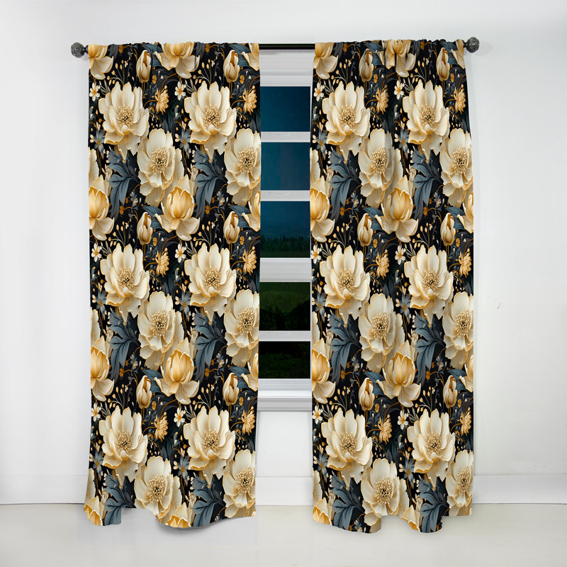 Luxurious Gold And Grey Flowers Pattern I - Cottage Velvet Curtain - Room Darkening - 1 Panel, 52" W x 95" L