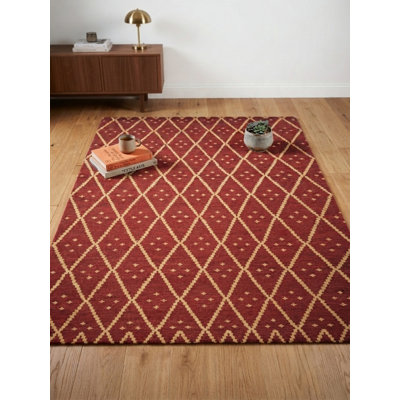 Red Gold Wool Handmade Geometric Hand Knotted Rectangle Indoor Area Rug