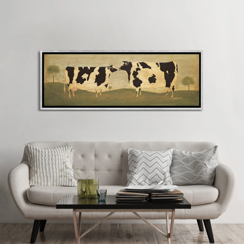 «Kissing Cows» - reproduction d'art murale, H 24 po x l 72 po, Reproduction encadrée sans passe-partout, Argent argent