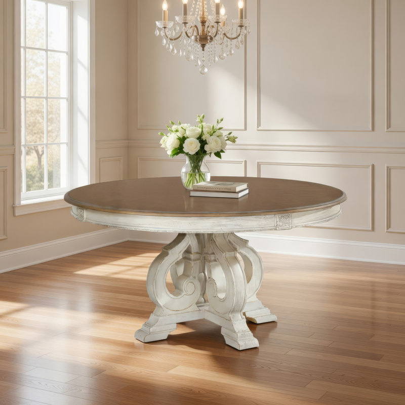 Table de salle à manger, plateau rond brun de 60 po, base piédestal sculptée, blanc, Brown/Antique White