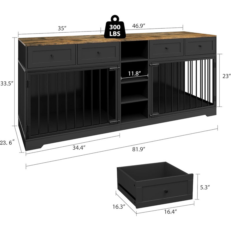 82" Double Dog Crate Furniture w/ 4 Drawers - TV Stand & Kennel for Medium/Large Dogs - Rustic Wood Design, Black