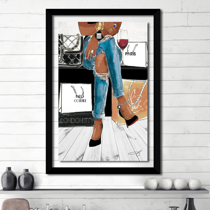 Vin et magasinage 1 - Impression d'art graphique, Acrylique noire encadrée, H 27,5 po x l 21,5 po x p 0,75 po
