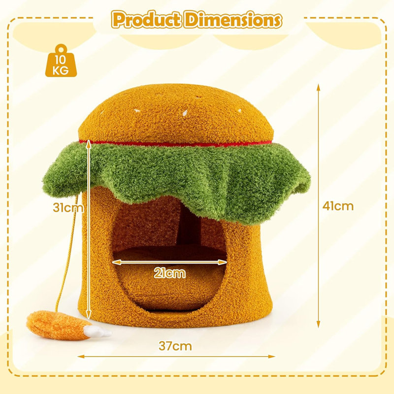 Cute Cat Bed, Hamburger-Shaped Cat Condo w/ Padded Top Perch, Hanging Plush Toy, Removable Washable Soft Cushion, Small Pet Cave Furniture Hideaway, Indoor Cat Kitten Puppy House
