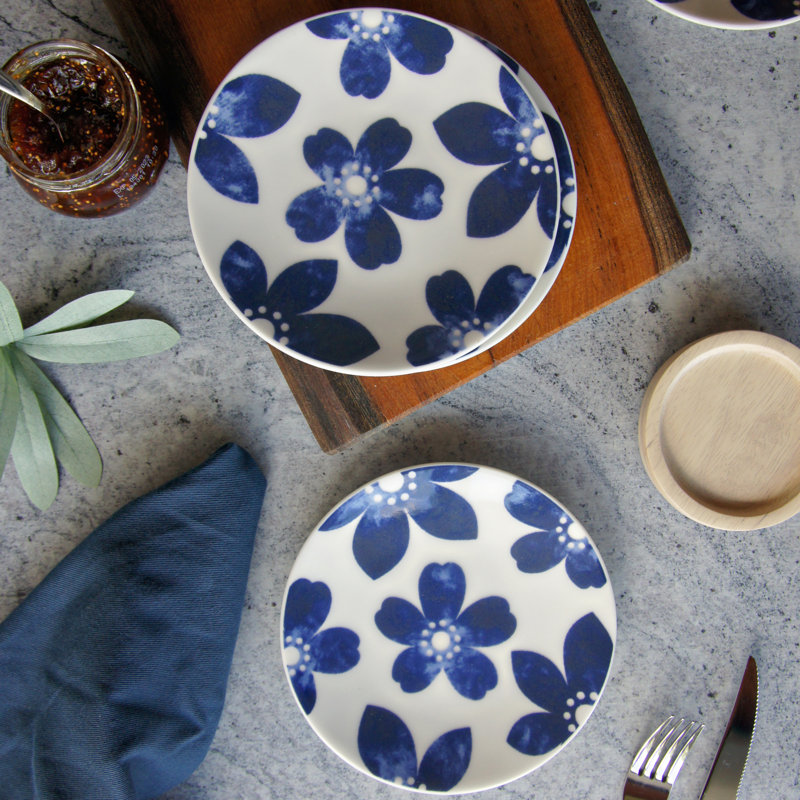 Blue Floral Porcelain Appetizer Plates Set of Four
