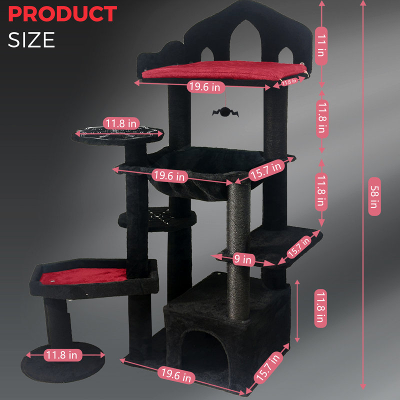 Arbre à chat gothique, conception effrayante à plusieurs niveaux avec poteaux à griffer, perchoirs, hamac et grotte pour chat - parfait pour les chats d'intérieur et les jeux interactifs