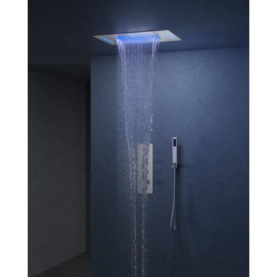 Système de douche à pluie thermostatique à DEL, pomme de douche à fixation au plafond avec douchette