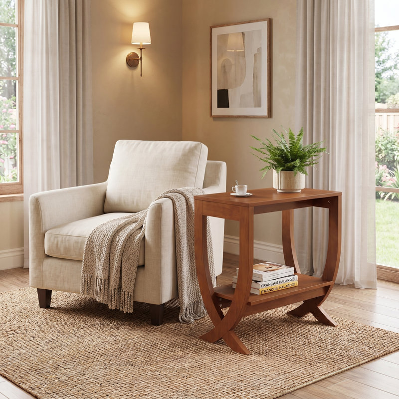 2-Tier Solid Wood End Table, Walnut, Walnut