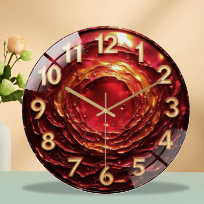Clock Numbers Molten Red Gold Face Art - 12'' Modern Glass Wall Clock