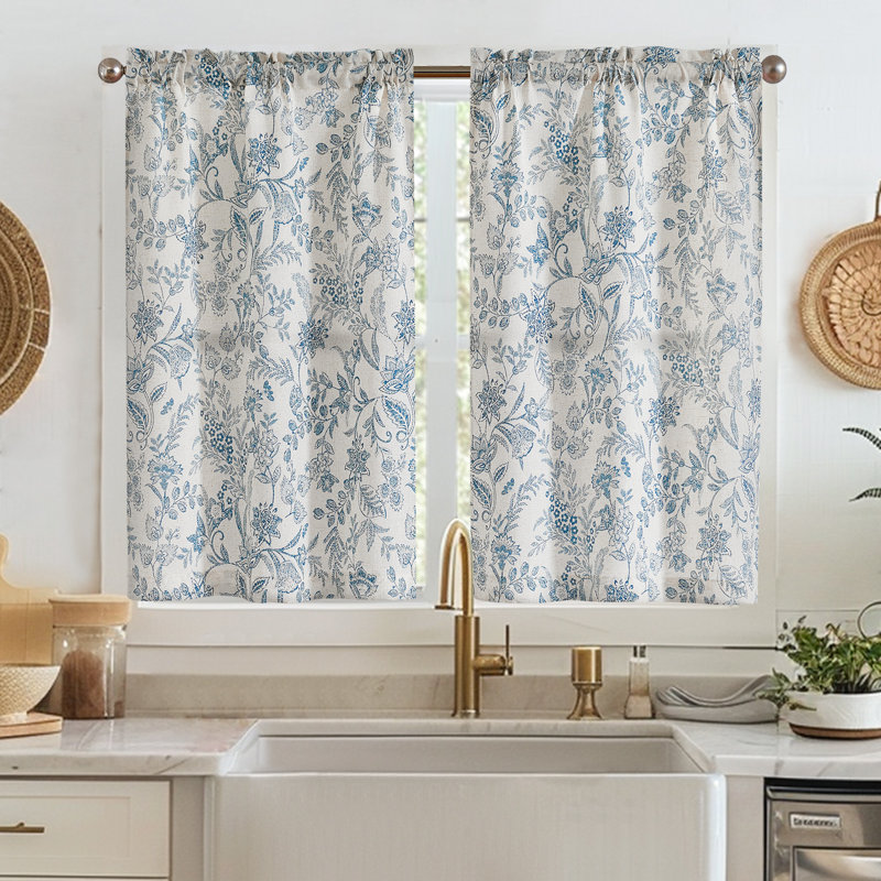 Rideaux en lin à motif floral avec passe-tringle, L 26 po x L 24 po, Bleu