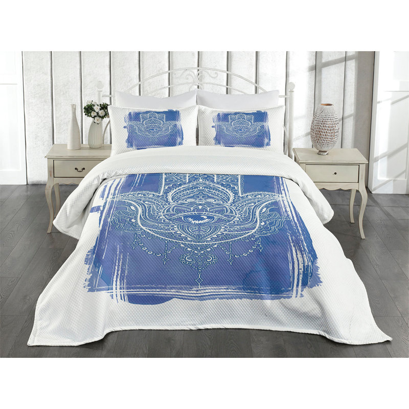 Ambesonne Hamsa Bedspread Set Ornate Blue White, King Bedspread + 2 Standard Shams