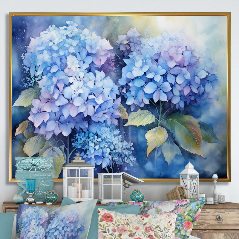 «Blue Hydrangea Farmhouse Still Life I - Hydrangea», art mural, H 16 po x l 32 po x P 1 po, Cadre flottant doré