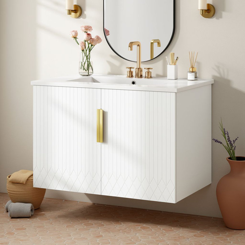 Ensemble de meuble-lavabo mural 30 po avec lavabo en céramique, armoire à 2 portes en bois massif et tablette, Blanc