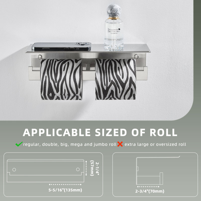 Porte-papier hygiénique mural double en acier inoxydable avec tablette pour téléphone, Nickel brossé