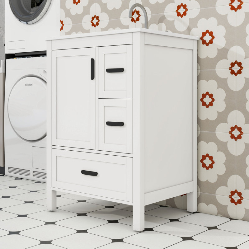 Meuble-lavabo de salle de bain avec lavabo en céramique, tiroir divisé et tiroirs de rangement, Blanc