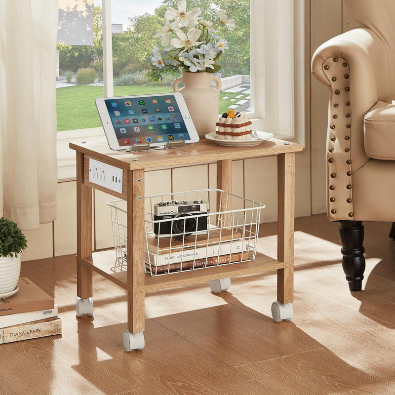Support d'imprimante sous le bureau à 2 niveaux avec rangement, petite table d'imprimante avec station de charge, tablette de chariot à roulettes avec roues verrouillables pour la maison et le bureau