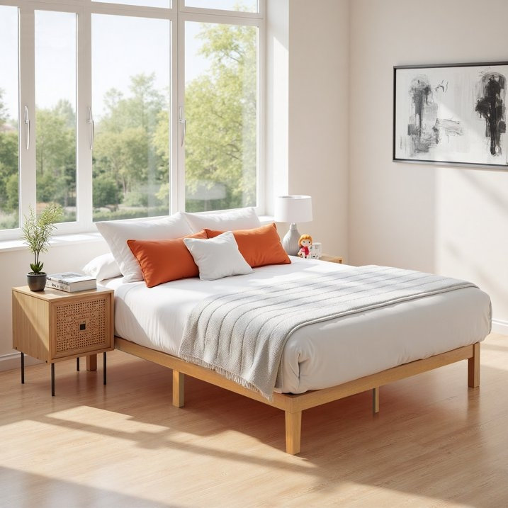 Structure de lit en bois massif, base de lit double avec support en lattes de bois, conception robuste, élégante et silencieuse, aucun sommier requis, assemblage facile, pin naturel de 12 po