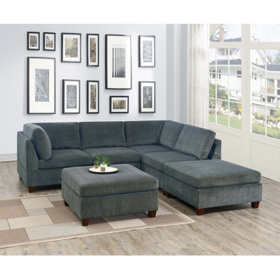 Living Room Furniture Chenille Modular Sectional 6pc Set Corner L-Sectional Modern Couch 2x Corner Wedge 2x Armless Chairs and 2x Ottomans Plywood