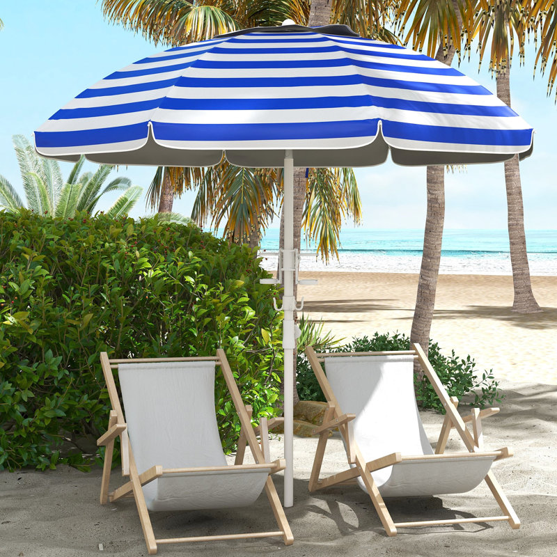 Parasol de plage inclinable et réglable, housse de protection 40+, 2 porte-gobelets et crochets, parasol portatif à rayures bleues et blanches, système à hauteur contrôlée, auvent, crochet ventilé
