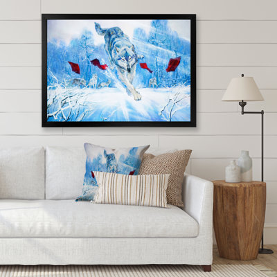 Paysage hivernal «Loup sautant» - peinture sur toile