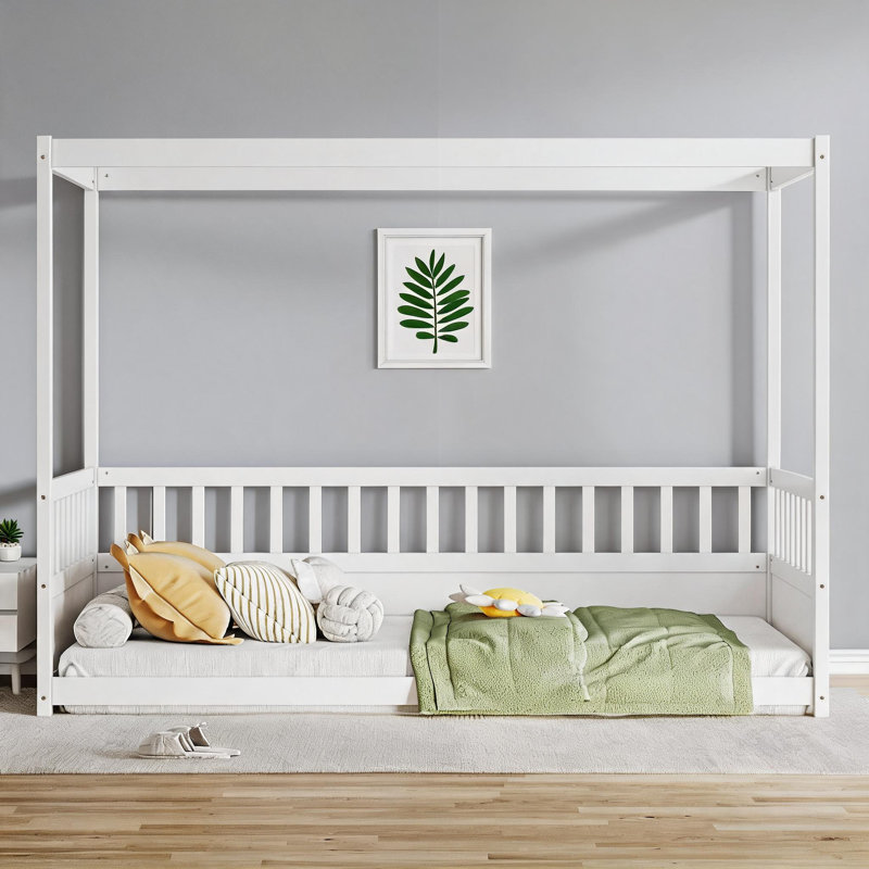 Structure de lit à baldaquin pour lit simple à baldaquin pour chambre d'enfant, pin massif Montessori de couleur blanche avec garde-corps
