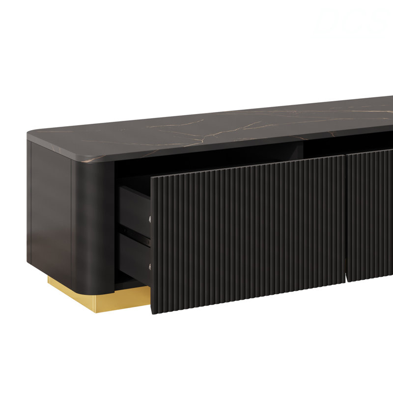 Luxury Fluted TV Stand For Tvs Up To 85", Faux Marble Tabletop Media Console With 4 Drawers, Curved Profile Design, Modern Entertainment Center With Gold Base For Living Room, TV Stand