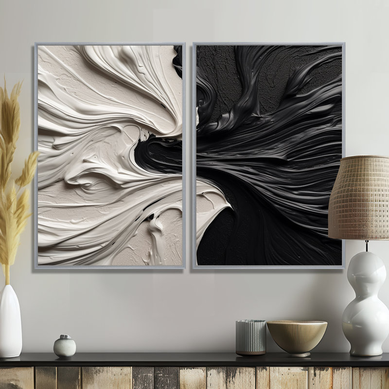 Grand décor mural géométrique abstrait noir et blanc marbré Dreamscape III, 36" H x 48" W, Impression encadrée flottante
