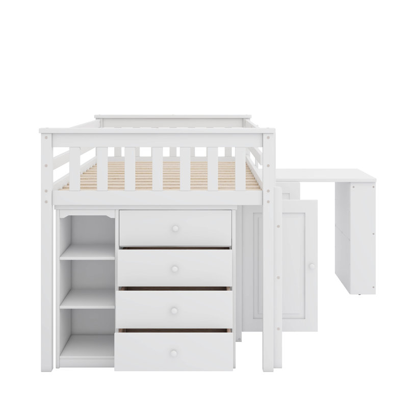 Lit mezzanine simple avec tablette de tiroir intégrée et bureau rétractable, Blanc